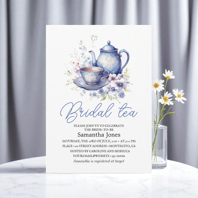 Floral Boho Blue Tee Pot Party Brautparty Einladung (Von Creator hochgeladen)