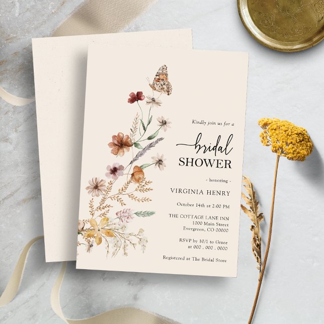 Floral Boho Bridal Dusche Einladung (Wildflower Floral Boho Bridal Shower Invitation with Butterfly by Painted Paperie
)