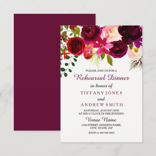 Floral Boho Burgundy Red Wedding Probe Dinner Einladung (Vorne/Hinten)