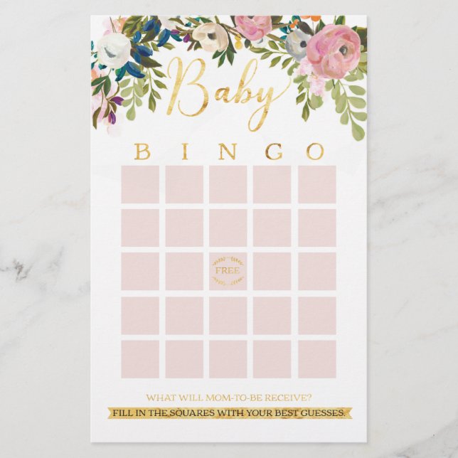 Floral Boho Chic Baby Dusche Bingo Spiel (Vorderseite)