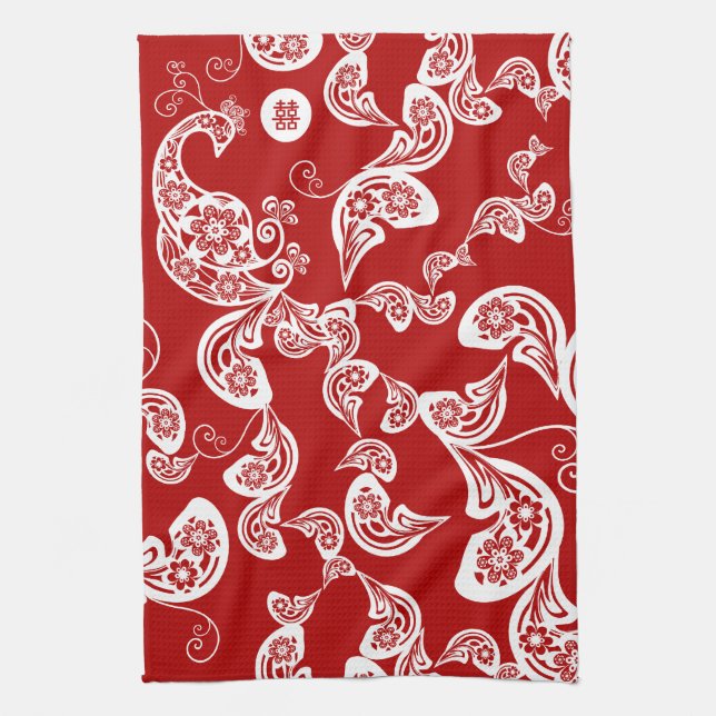 Floral Boho Chic Peacock Elegante Hochzeit in Rot- Küchentuch (Vertikal)