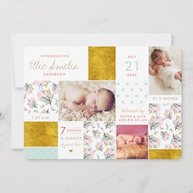 Floral Boho Collage Gold Faire-part de naissance C (Devant)