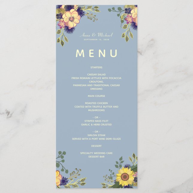 Floral Boho Dusty Blue Mariage Menu (Devant)