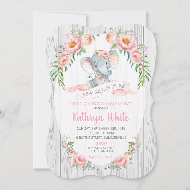 Floral Boho Elephant Baby shower Invitation fille (Devant)