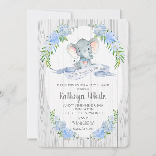 Floral Boho Elephant Baby shower Invitation Garçon (Devant)