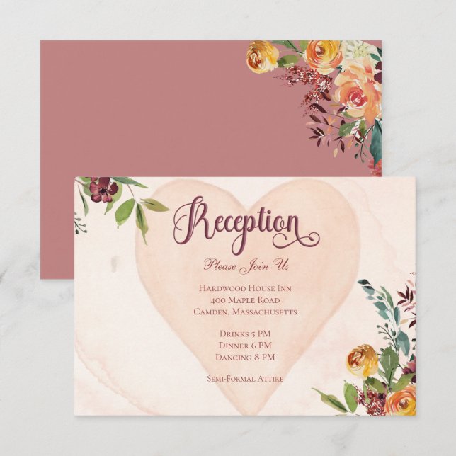 Floral Boho Heart Peach Hochzeit Empfang Begleitkarte (Vorne/Hinten)