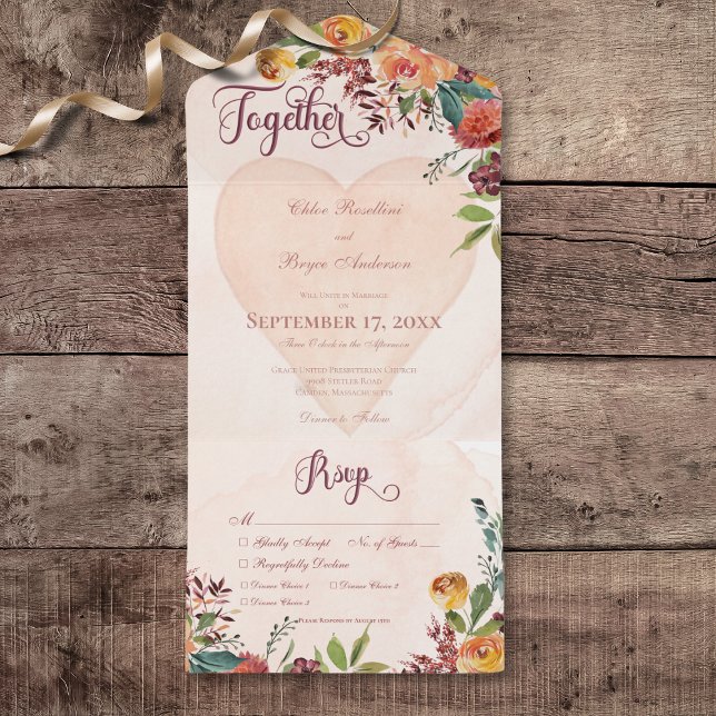 Floral Boho Heart Peach Jewel Dinner All In One Einladung (Floral Boho Heart Peach Jewel All In One Wedding Invitation with Dinner Selection Options)