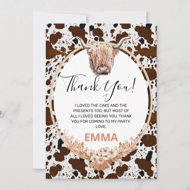 Floral Boho Highland Cow Anniversaire Carte de rem (Devant)