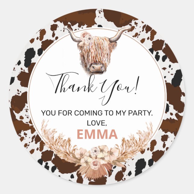 Floral Boho Highland Cow Birthday Favor Sticker (Vorderseite)