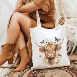 Floral Boho Highland Cow Butterfly Whimsical Tragetasche