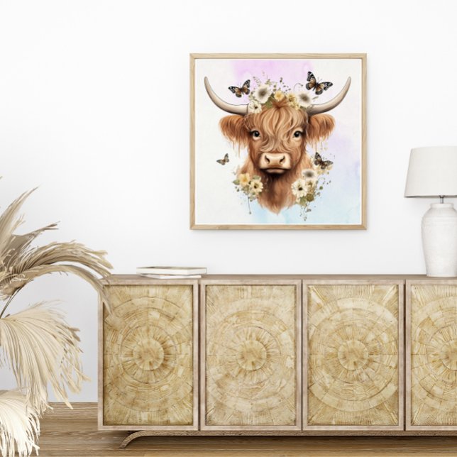 Floral Boho Highland Kuh mit pastelfarbenem Hinter Poster (Von Creator hochgeladen)
