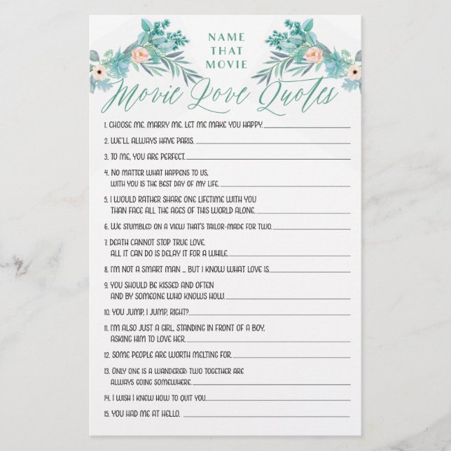 Floral Boho Liebe Quotes Brautparty Game (Vorderseite)