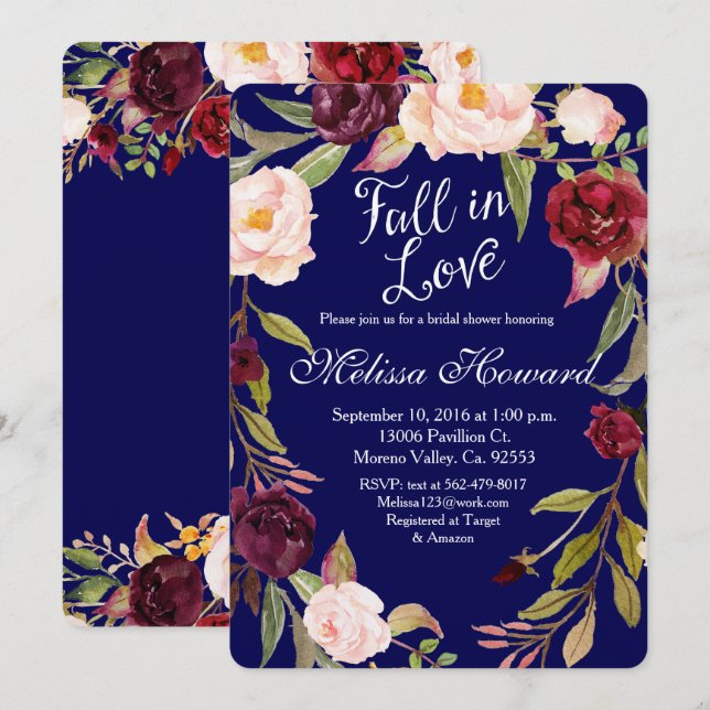 Floral Boho Navy Blue Bridal Dusche Einladung (Vorne/Hinten)