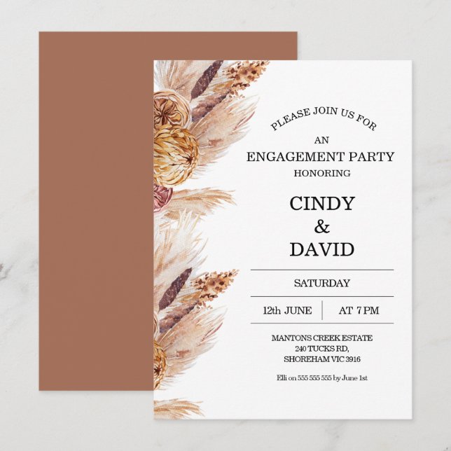 Floral Boho Pampas Grass Verlobung Einladung (Vorne/Hinten)