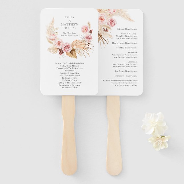 Floral Boho Pampas Grass Watercolor Wedding Fan Fächer (Vorne und Hinten)