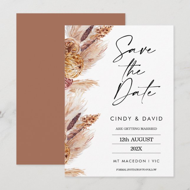 Floral Boho Pampas Wedding speichert die Datumskar Einladung (Vorne/Hinten)
