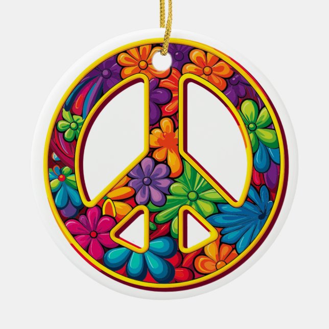Floral Boho Peace Sign farbenfroh Keramik Ornament (Vorne)