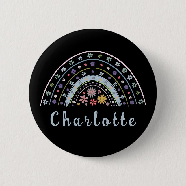 Floral Boho Regenbogen mit Personalisiertem Namen Button (Vorderseite)