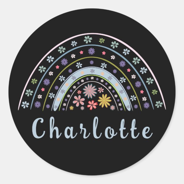 Floral Boho Regenbogen mit Personalisiertem Namen Runder Aufkleber (Vorderseite)