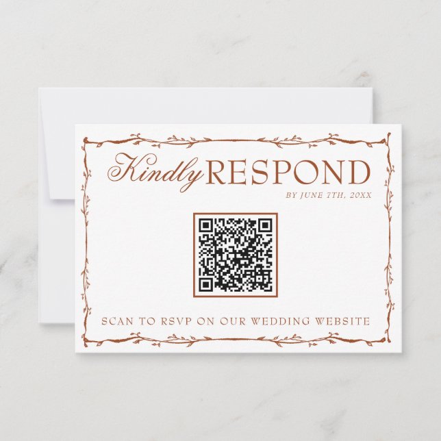 Floral Boho Rust Terracotta Earthy QR Code Wedding RSVP Karte (Vorderseite)