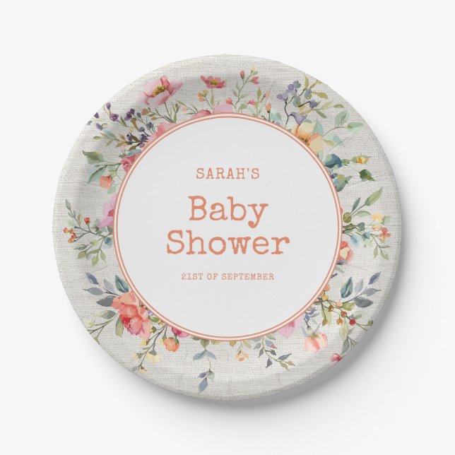 Floral Boho Rustic Chic Botanical Baby Dusche Pappteller (Vorderseite)