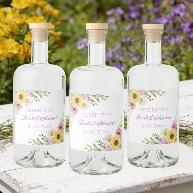 Floral Boho Sunflower Daisy Bridal Shower Alkoholflaschenetikett (Von Creator hochgeladen)