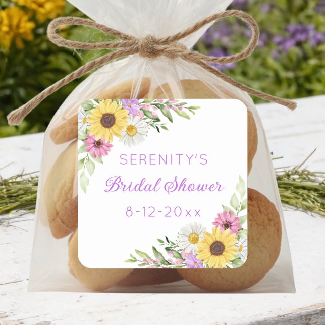 Floral Boho Sunflower Daisy Bridal Shower Quadratischer Aufkleber (Von Creator hochgeladen)
