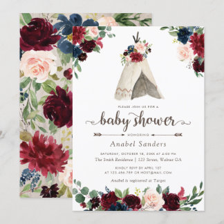 Floral Boho Teepee Chic Arrows Tribal Baby Dusche Einladung