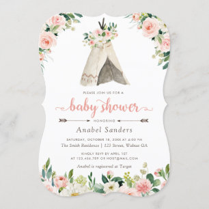 Floral Boho Teepee Chic Arrows Tribal Baby Dusche Einladung