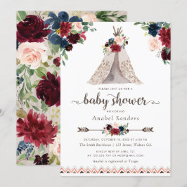 Floral Boho Teepee Navy Arrows Tribal Baby Dusche Einladung