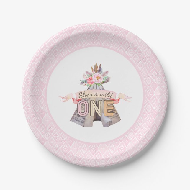 Floral Boho Tribal Teepee Wild 1 1. Geburtstag Pappteller (Vorderseite)