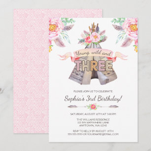 Floral Boho Tribal Teepee Young Wild 3. Geburtstag Einladung