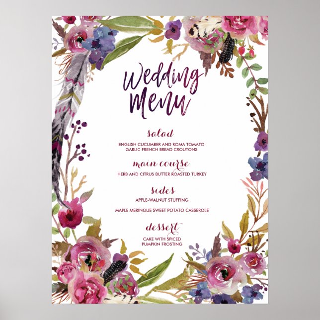 Floral Boho Watercolor Wedding Menu Sign Poster (Vorne)
