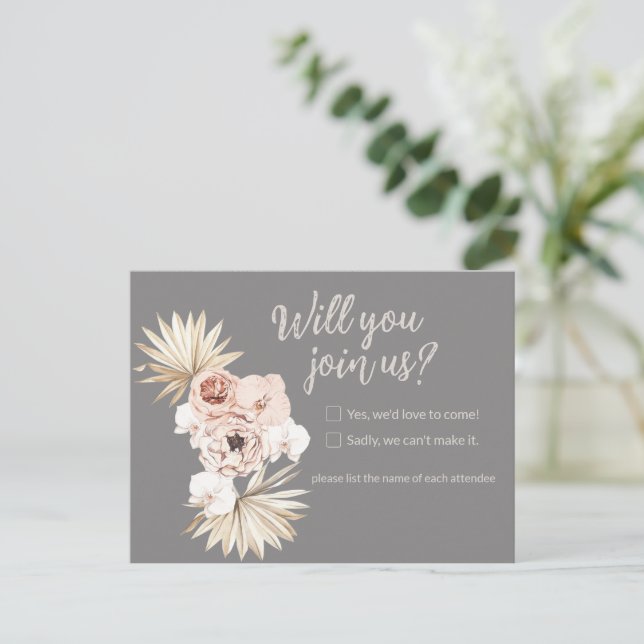 Floral Boho Wedding Response Postkarte (Stehend Vorderseite)