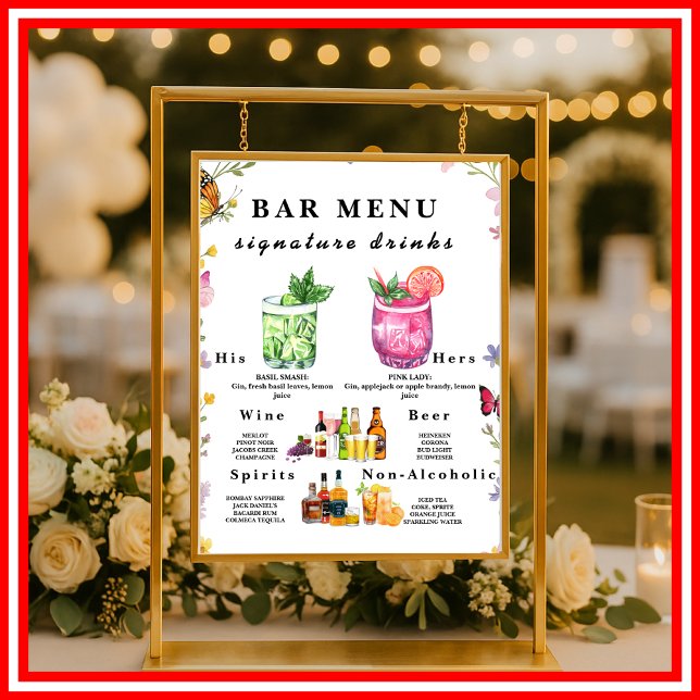 Floral Boho Wildblume Bar Menü Wedding Drink Zeich Poster (Von Creator hochgeladen)