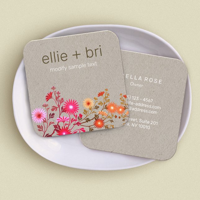 Floral Boho Wildblumen Kraft Business Card Quadratische Visitenkarte (Von Creator hochgeladen)