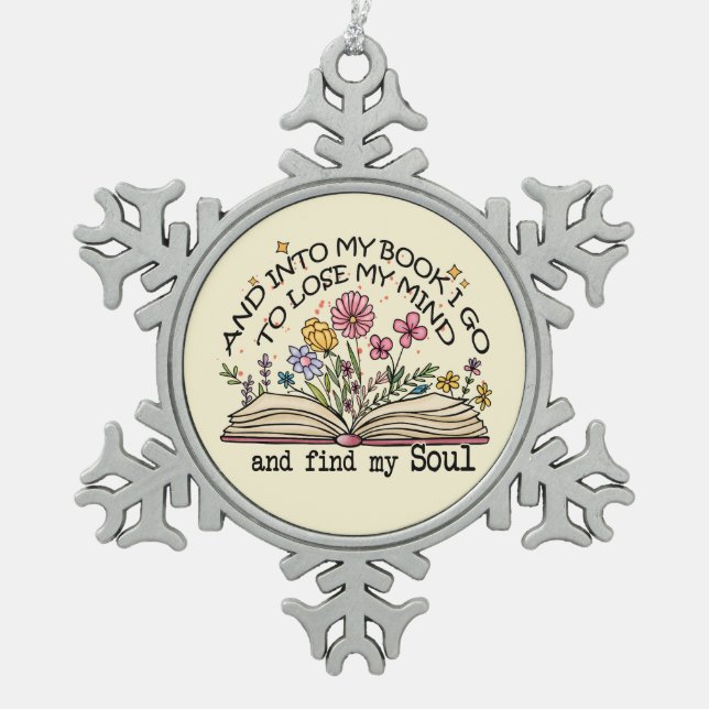 Floral Book Lover Schneeflocken Zinn-Ornament (Vorderseite)