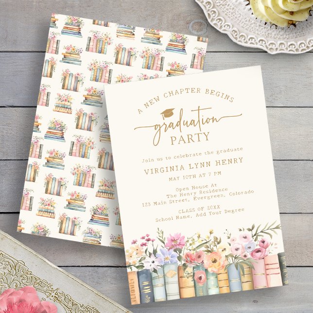 Floral Books Graduation Party Einladung (Watercolor Floral Books Graduation Party Invitation by Painted Paperie
)
