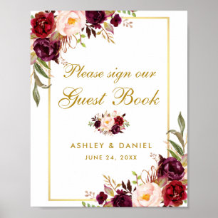 Floral Bordeaux Gold Hochzeitsgästebuch Poster