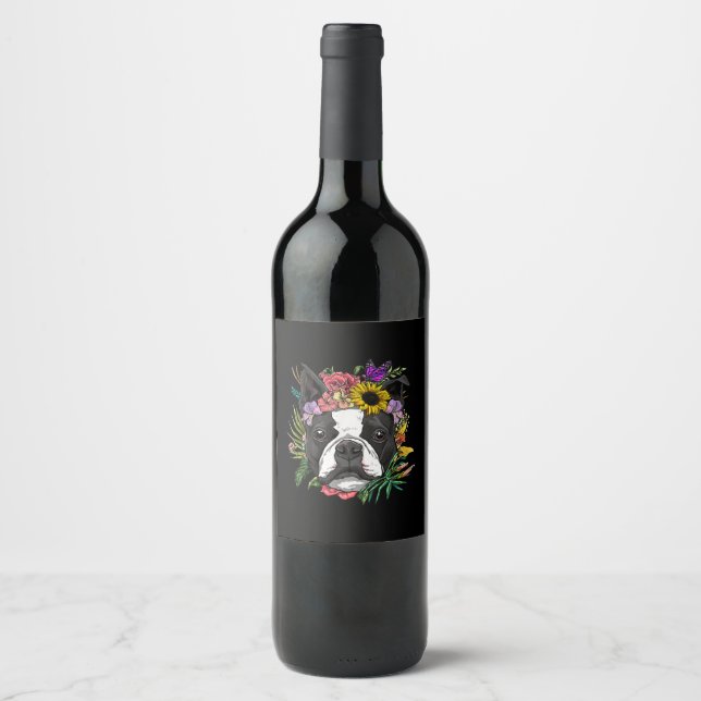 Floral Boston Terrier Dog Spring Nature Dog Liebha Weinetikett (Vorderseite)