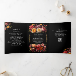 Floral Botanical Black Moody Luxury Hochzeit Dreifach Gefaltete Einladung