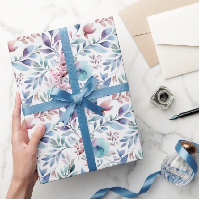 Floral Botanical Blue Pink Watercololor Geschenkpapier (Schenken)