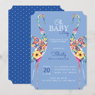 Floral Botanical Stork Baby Boy Shower Invitation