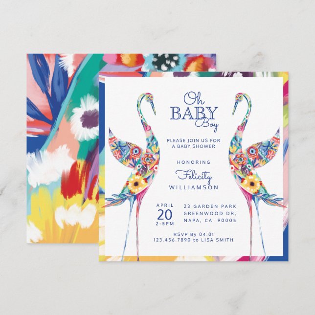 Floral Botanical Stork Baby Boy Shower Invitation (Devant / Derrière)