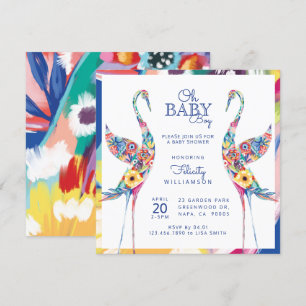 Floral Botanical Stork Baby Boy Shower Invitation