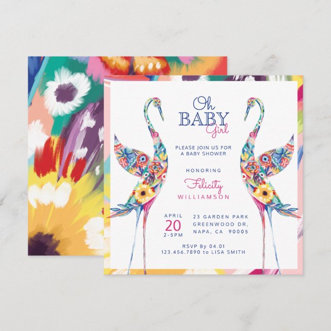 Floral Botanical Stork Baby Girl Shower Invitation (Devant / Derrière)