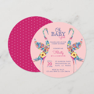 Floral Botanical Stork Baby Girl Shower Invitation
