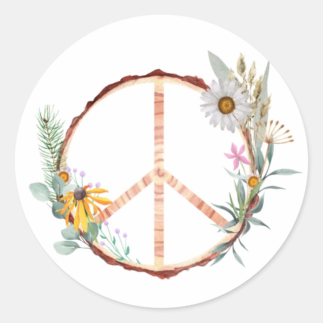 Floral Botanisches Holzfriedenszeichen Runder Aufkleber (Vorderseite)