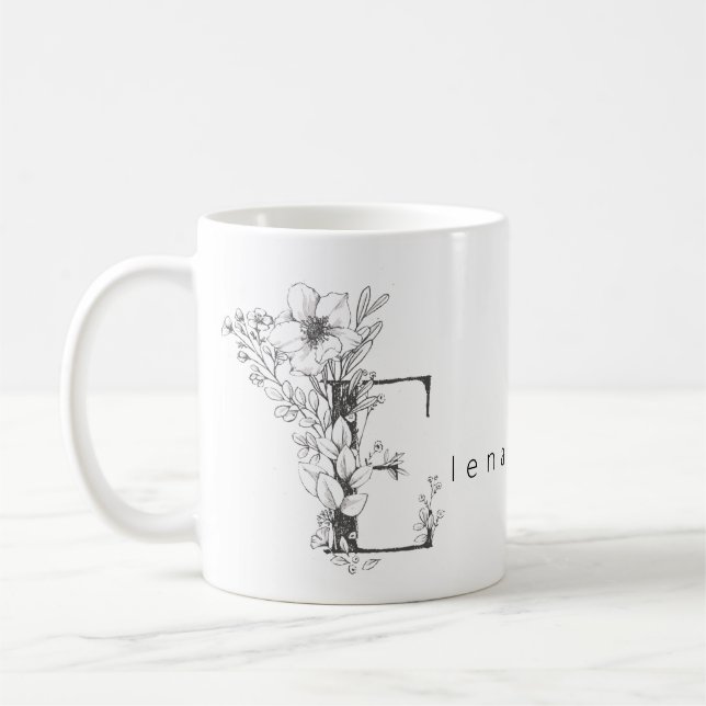 Floral Botanisches Monogramm "E" Custom Text Elega Kaffeetasse (Links)