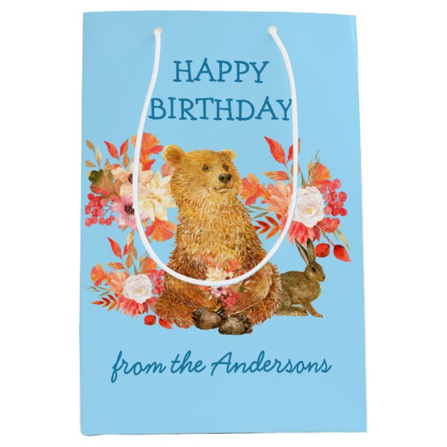 Floral Bouquet Bear Rabbit Birthday Geschenktasche Mittlere Geschenktüte (Vorderseite)